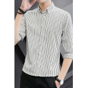 Edgy Mens Striped Printed Turn-down Collar Long Sleeve Button Fly Shirt