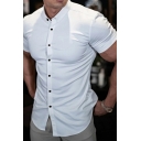 Popular Solid Color Turn-down Collar Short Sleeve Slim Fitted Button-up Shirt for Guys