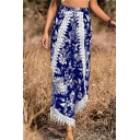 Simple Tribal Printed Mid Rise Ankle Length Lace Detail Loose Fit Skirt Pants for Ladies