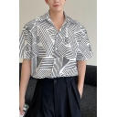 Street Style Boys Striped Printed Notched Collar Short Sleeve Loose Fitted Button up Shirt