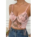 Ladies Hot Butterfly Print Lace Detailed Spaghetti Straps Crop Tank Top