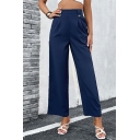 Novelty Girls Pocket High Rise Pure Color Full Length Button Detail Wide Leg Pants