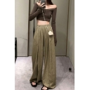 Retro Girls Pure Color High Rise Elastic Waist Full Length Loose Fit Straight Pants