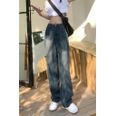 Ladies Cool Pure Color Loose Long Length Pocket High Rise Zip down Jeans