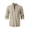 Men Street Style Plain Stand Collar Long Sleeves Fitted Lace-up Front Shirt