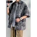 Casual Paisley Pattern Turn-down Collar Short-Sleeved Relaxed Button Down Shirt for Guys