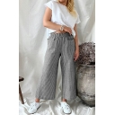 Women Trendy Stripe Pattern Pocket Elastic Waist Long Length Mid Rise Wide Leg Pants