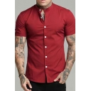 Elegant Men Pure Color Crew Neck Short Sleeves Slimming Button Closure Shirt