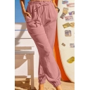 Casual Solid Color Drawstring Waist Regular Fit High Rise Ankle Length Pants for Girls