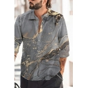 Unique Men 3D Pattern Long Sleeves Round Collar Regular Half Button Fly Shirt