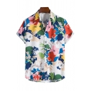 Boy's Fashionable Floral Printed Spread Collar Short-sleeves Fitted Button Closure Shirt