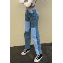 Women Leisure Color Block Pocket Design Full Length High Waist Zip Fly Jeans