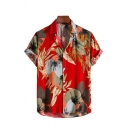 Men Novelty Floral Pattern Turn-down Neck Short-sleeved Relaxed Button Fly Shirt