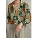 Retro Mens Color Block Baggy Turn-down Collar Long Sleeve Button Closure Shirt