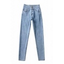 Women Urban Pure Color Pocket Long Length High Rise Button Placket Jeans