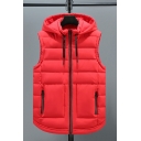 Boy's Unique Pure Color Pocket Sleeveless Hooded Drawstring Fitted Zip Down Vest