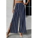 Edgy Ladies Striped Pattern Split Designed Elastic Waist Long Length High Rise Pants