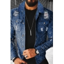 Guy's Trendy Whole Colored Distressed Long-Sleeved Spread Collar Button down Denim Jacket