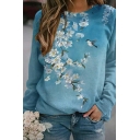 Novelty Girls 3D Floral Print Long Sleeve Fitted Crew Neck Pullover Sweatshirt