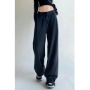 Ladies Classic Plain Pocket Detail High Rise Long Length Baggy Zipper Jeans