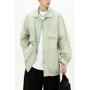 Modern Men Pure Color Pocket Spread Collar Long Sleeve Loose Fitted Button Fly Shirt