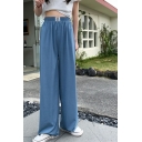 Street Style Pure Color High Rise Full Length Elastic Waist Straight Pants for Ladies