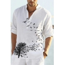 Hot Guys Bird Pattern Stand Collar Long-Sleeved Regular Fit Button Placket Shirt