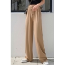 Chic Pure Color High Rise Loose Long Length Drawstring Waist Pants for Girls