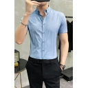 Trendy Solid Turn-down Collar Slim Fit Short-Sleeved Button Closure Shirt