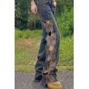 Stylish Butterfly Pattern Loose High Waist Full Length Jeans for Ladies