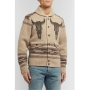 Men Urban Jacquard Print Long Sleeves Shawl Collar Slim Knitted Button down Cardigan