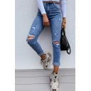 Ladies Casual Whole Colored Broken Hole High Rise Ankle Length Zip Placket Jeans