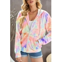 Hot Ladies Tie Dye Pattern Regular Fit Hooded Long-Sleeved Drawstring Pocket Zip-up Hoodie