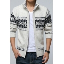 Freestyle Floral Pattern Long-Sleeved Regular Fitted Zip down Knitted Cardigan for Boys