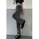 Girls Elegant Solid Pocket Straight Full Length High Rise Zip Fly Jeans