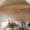 Modern Flying Saucer Suspension Pendant Light Brown Rattan for Living Room