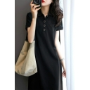 Short Sleeve Plain Women’s Midi Dress Loose Fit Skirts in Black