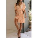 Fashion V-Neck Mid Length Skirts Floral Polyester Summer Dress