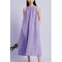 Simplicity Round Neck Sleeveless Long Dress Loose Fit Dress In Purple