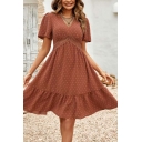 V-Neck Mid Length Skirts Plain Polyester Summer Dress