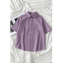 Short Sleeve Lapel Collar Shirts Button Plain Polyester Loose First Blouse