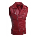 Classic Sleeveless V-neck Vest Leather Slim Fit Top in Red Or Black