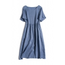 Short Sleeve Plain Midi Length Dress Round Neck Polyester Fitted Dress