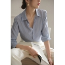 Long Sleeve Stripe Button Down Shirts Spandex Loose Fit Blouse