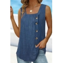Square Neck Sleeveless Cami Tank Plain Polyester Slim Fit Top with Button