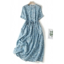 Short Sleeve Floral Patch Midi Dress Loose Fit Skirts In Blue