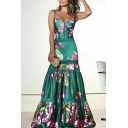 Strappy Floral Patch Long Dress Women’s Polyester Fitted Dress