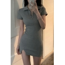 Modern Girl's Pure Color Extra Slim Fit Notch Collar Short Sleeve Dresses