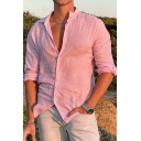 Casual Men's Vertical Whole Color Button Closure Long Sleeve Shirt