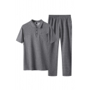 Short Sleeve Lapel Collar Sporty Suit Long Length Plain Sportswear